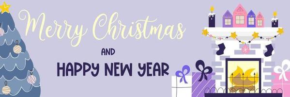 kerstbanner met tekst vrolijk kerstfeest en open haard met blauwe spruce.light-tekst op een paarse achtergrond, open haard met vuur, geschenken, sokken. vectorillustratie van feestelijke verticale banner. vector