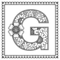 letter g gemaakt van bloemen in mehndi-stijl. kleurboek pagina. schets hand-draw vectorillustratie. vector