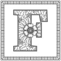 letter f gemaakt van bloemen in mehndi-stijl. kleurboek pagina. schets hand-draw vectorillustratie. vector
