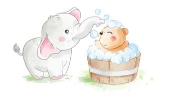 kleine olifant die berenvriend in een houten badkuip laat douchen illustratie vector