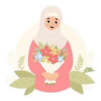 schattig Islamitisch vrouw in hijab met boeket van bloemen. feestelijk gelukkig vrouw etnisch moslim karakter. illustratie in tekenfilm vlak stijl vector