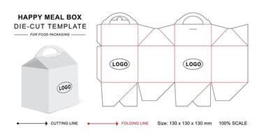 gelukkig maaltijd doos dood gaan besnoeiing sjabloon met 3d blanco mockup voor voedsel verpakking vector