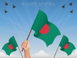 vlaggen van Bangladesh die onder de blauwe lucht vliegen vector