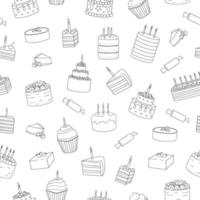 vector naadloze patroon van zwart-wit taarten met kaarsen. verjaardag herhalen achtergrond. lineaire kunst herhaal textuur van zoete bakkerijproducten. grafische tekening van taarten en snoepjes