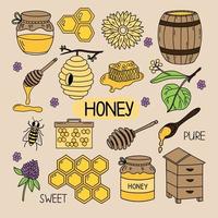 honing doodle set met bij, bijenkorf, honingraat, linde, zonnebloemen. hand getrokken vectorillustratie geïsoleerd op een witte achtergrond. vector