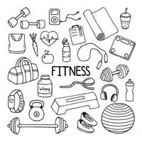 fitness doodles instellen. schets van sportuitrusting met schalen, barbell, bal, meetlint, fles, appel. hand getrokken vectorillustratie geïsoleerd op een witte achtergrond. vector