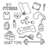 fitness doodles instellen. schets van sportuitrusting met schalen, barbell, bal, meetlint, fles, appel. hand getrokken vectorillustratie geïsoleerd op een witte achtergrond. vector