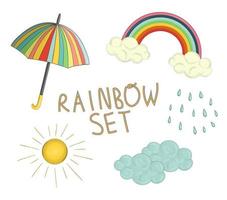 vector kleurrijke regenboog set. schattige cartoon stijl illustratie van regenboog, heldere paraplu, wolken, zon, regen geïsoleerd op een witte achtergrond