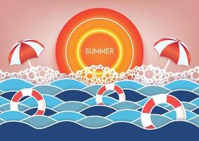 hete seizoen en grote zon zomer zonsondergang strand achtergrond strand objecten vector