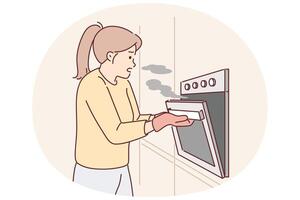 vrouw koken opent oven vrijgeven rook van te gaar vlees ten gevolge naar onoplettendheid of mis recept vector