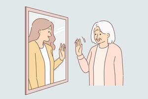 ouderen vrouw ziet Verleden in reflectie van spiegel, en golven hand, ontvangen positief emoties vector