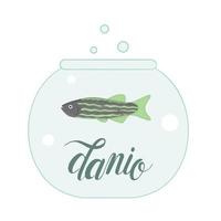 vector gekleurde illustratie van vis in aquarium met vis naam belettering. leuke foto van danio voor dierenwinkels of kinderillustratie