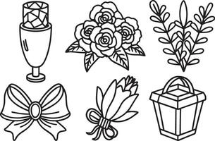 reeks van zwart en wit pictogrammen van wijn bril, geschenk dozen, roos bloemen en bogen. vector