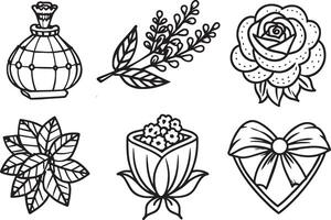 reeks van zwart en wit illustratie van parfum flessen en bloemen. vector