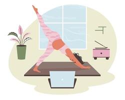 zwanger vrouw aan het doen yoga training Bij huis. mam met buik beoefenen yoga opdrachten, pilates online Aan laptop. zwangerschap Gezondheid, levensstijl, lichaamsverzorging concept. huis interieur. illustratie vector