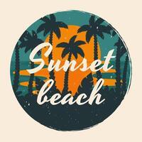 zonsondergang strand in wijnoogst stijl. zomer strand achtergrond. mooi zeegezicht met silhouetten van tropisch palm bladeren, zonsopkomst, oceaan. vector
