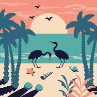 tropisch landschap vintage. zomer strand achtergrond. mooi zeegezicht met silhouetten van exotisch palm bladeren, flamingo, zeester, schelpen, kokosnoten. vlak illustratie vector