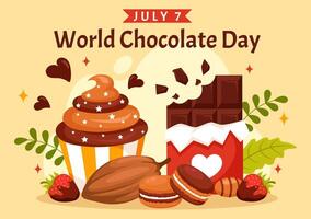 wereld chocola dag viering illustratie Aan 7 juli met gesmolten chocolaatjes en taart in vlak tekenfilm achtergrond ontwerp vector