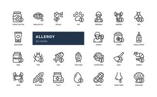 allergie symptomen en voedsel ingrediënt voeding allergeen schets lijn icoon reeks vector