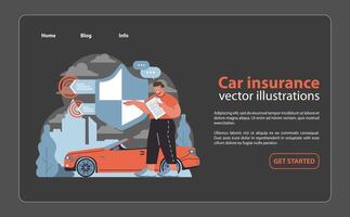 auto verzekering concept. bestuurder onderzoekt voertuig bescherming plan, zorgen voor veiligheid Aan de weg. vector