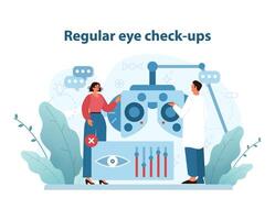 regelmatig oog controles illustratie. een geduldig bezighoudt met oog examen uitrusting net zo een dokter assisteert. vector