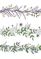 vector set tuinplant patroonborstels met gestileerde lavendel, vergeet-mij-nietje, basilicum, paardebloem. hand getekend cartoon stijl illustratie. leuke zomer- of lente-sjablonen voor bruiloft, vakantie of kaart