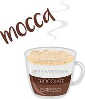 illustratie van een mokka koffie kop icoon met haar voorbereiding en proporties en namen in Spaans. vector