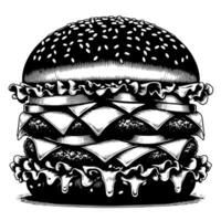 zwart en wit illustratie van een smakelijk gegrild cheeseburger vector