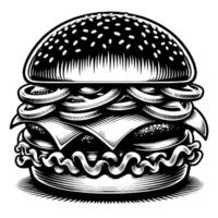 zwart en wit illustratie van een smakelijk gegrild cheeseburger vector