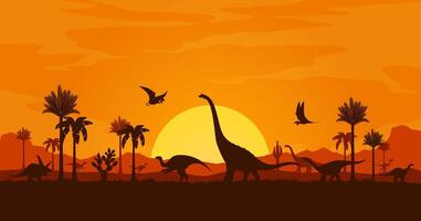 tropisch zonsondergang landschap en dinosaurus silhouetten vector