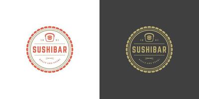 sushi logo en insigne Japans voedsel restaurant met sushi Zalm rollen Aziatisch keuken silhouet illustratie vector