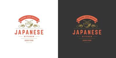 sushi logo en insigne Japans voedsel restaurant met ramen noodle soep Aziatisch keuken silhouet illustratie vector