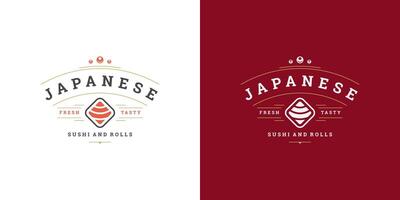 sushi logo en insigne Japans voedsel restaurant met sushi Zalm rollen Aziatisch keuken silhouet illustratie vector