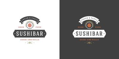 sushi logo en insigne Japans voedsel restaurant met sushi Zalm rollen Aziatisch keuken silhouet illustratie vector