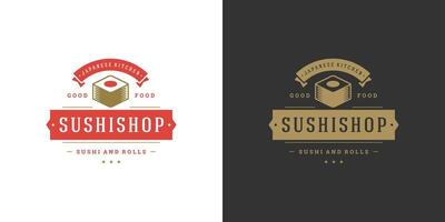 sushi logo en insigne Japans voedsel restaurant met sushi Zalm rollen Aziatisch keuken silhouet illustratie vector