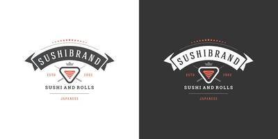 sushi logo en insigne Japans voedsel restaurant met sushi Zalm rollen Aziatisch keuken silhouet illustratie vector