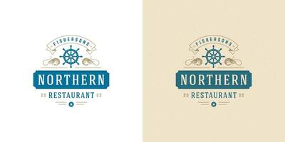 zeevruchten logo of teken illustratie vis markt en restaurant embleem sjabloon ontwerp roer silhouet. vector