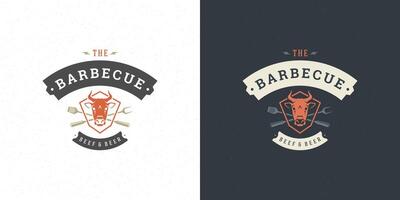 barbecue logo illustratie rooster steak huis of bbq restaurant menu embleem koe hoofd met vorken silhouet vector