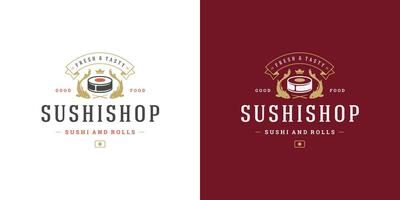 sushi logo en insigne Japans voedsel restaurant met sushi Zalm rollen Aziatisch keuken silhouet illustratie vector