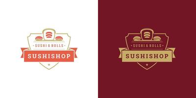 sushi logo en insigne Japans voedsel restaurant met sushi Zalm rollen Aziatisch keuken silhouet illustratie vector