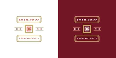 sushi logo en insigne Japans voedsel restaurant met sushi Zalm rollen Aziatisch keuken silhouet illustratio vector