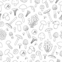 vector naadloze patroon van zwarte en witte champignons. herhaal achtergrond met geïsoleerde monochrome espen, sinaasappelbeker, champignon, cantharel, paddenstoel, doodskap, schimmel