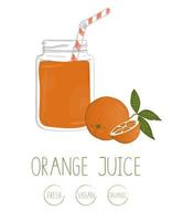 vectorillustratie van jus d'orange in een glazen pot met buigen stro en sinaasappel met bladeren. kleurrijke foto van citrusvruchten. verse biologische vegetarische voeding geïsoleerd op een witte achtergrond. vector