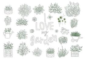 vector set zwart-wit tuingereedschap, bloemen, kruiden, planten. monochrome schop, schop, harken, kruiwagen, gieter, scharen, grasmaaier, slang, troffel, handvork, bloembed