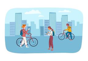 tekenfilm kleur tekens mensen en stedelijk wielersport concept vector