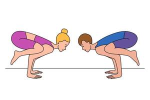 een Mens en een vrouw in trainingspakken zijn aan het doen yoga. fysiek en geestelijk oefening. ze staan in een positie van evenwicht. illustratie geïsoleerd Aan wit achtergrond in vlak stijl. vector