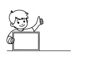 een doorlopend zwart lijn tekening van clip art glimlachen kind Holding leeg blanco bord geïsoleerd Aan wit met kopiëren ruimte voor tekst in kader lineair schetsen tekening vector