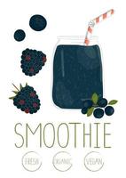 vectorillustratie van blauwe bessen smoothie in een glazen pot met buigen stro en bosbessen en bramen. verse biologische vegetarische voeding geïsoleerd op een witte achtergrond. vector