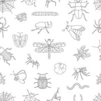 vector naadloze patroon van zwarte en witte insecten. herhaal achtergrond met geïsoleerde monochrome bij, hommel, mei-bug, vlieg, mot, vlinder, rups, spin, lieveheersbeestje, grond, hert kever