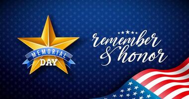 gedenkteken dag van de Verenigde Staten van Amerika banier illustratie met Amerikaans vlag, goud ster en typografie belettering Aan blauw achtergrond. nationaal patriottisch viering ontwerp voor ansichtkaart, folder, groet kaart vector